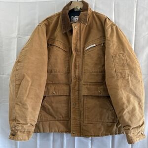 Vtg Master Made Brown Canvas Chore Farm Trucker Jacket Corduroy Mens 50L XXL ***